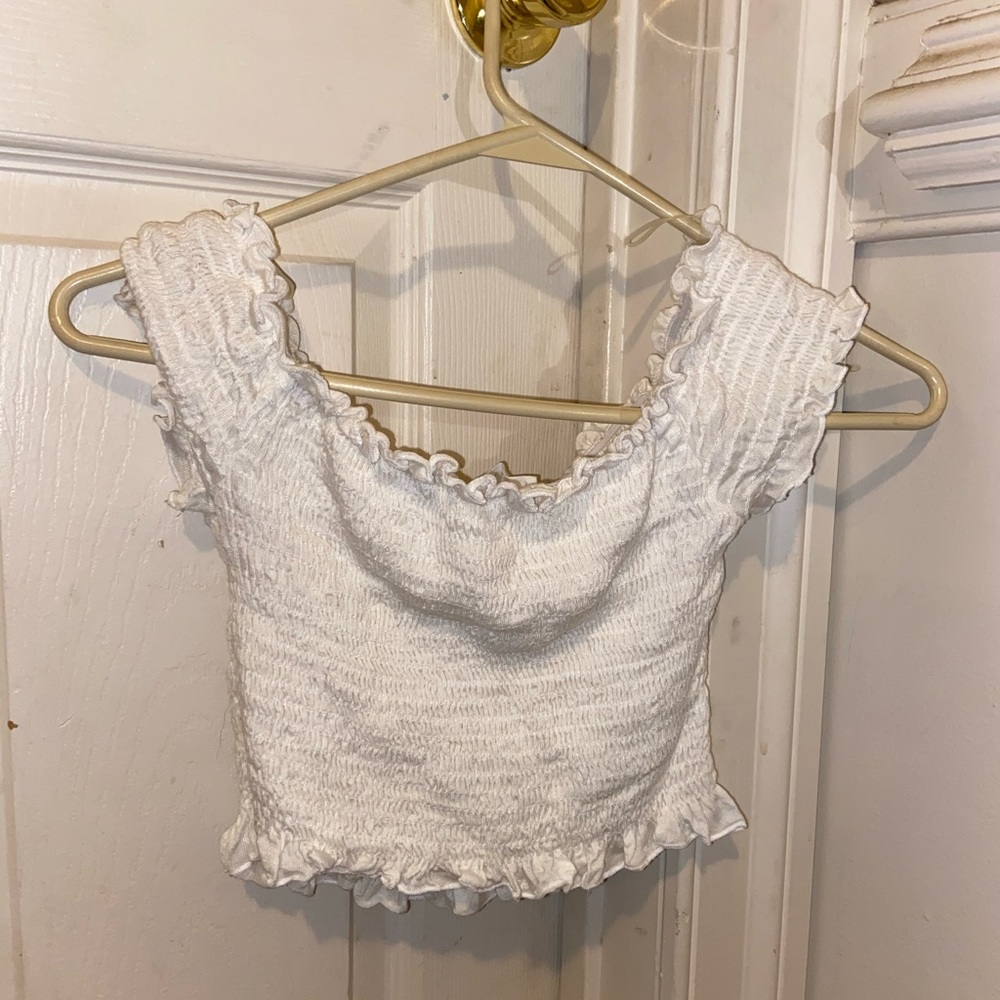 White ~ribbed~ off the shoulder crop top.